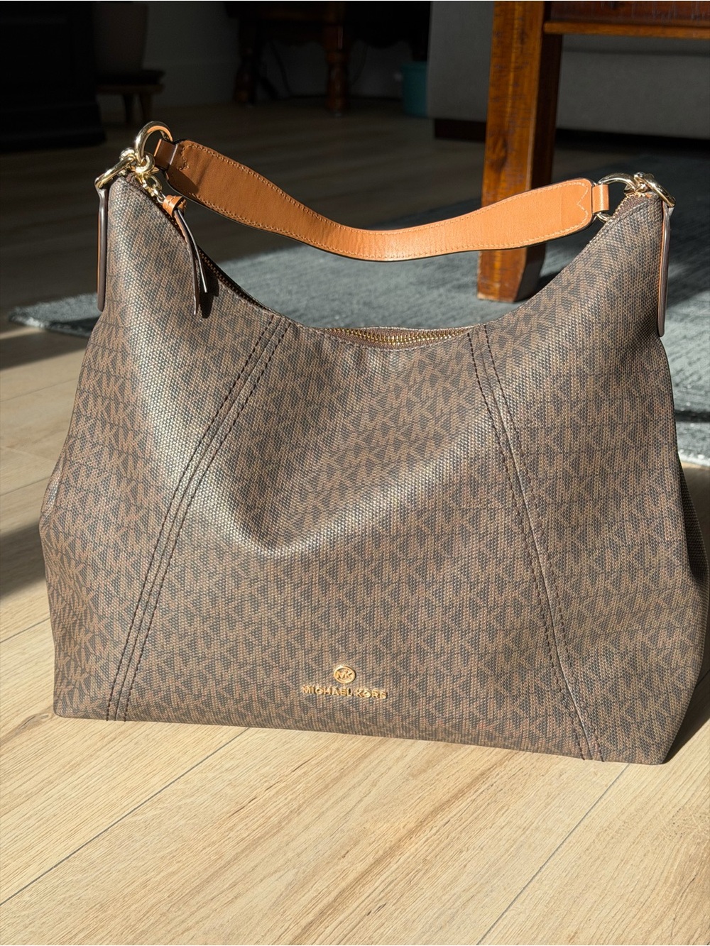 Michael Kors Brown Logo-Print Shoulder Hobo with Tan Strap